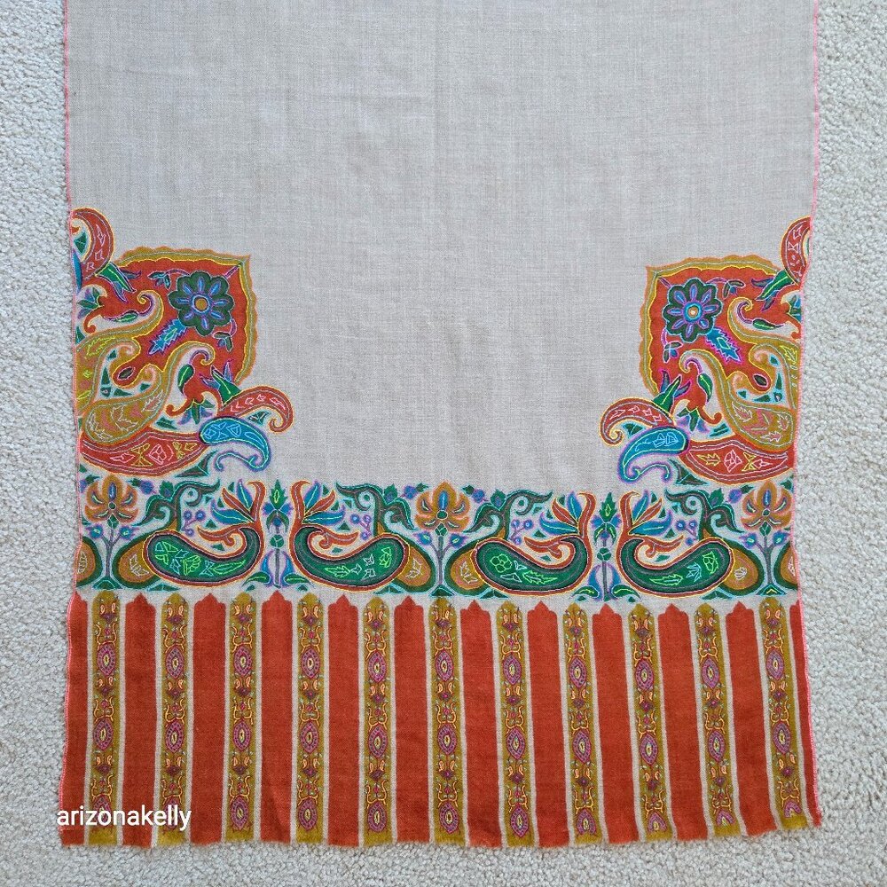 Embroidered Cashmere Scarf Boho Earthy Artisan